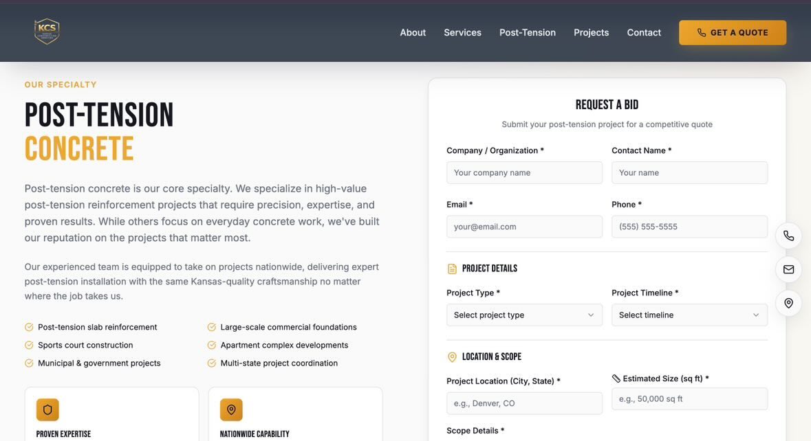KCS post-tension concrete website with quote request form