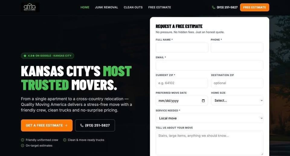 Quality Moving America website with instant estimate form